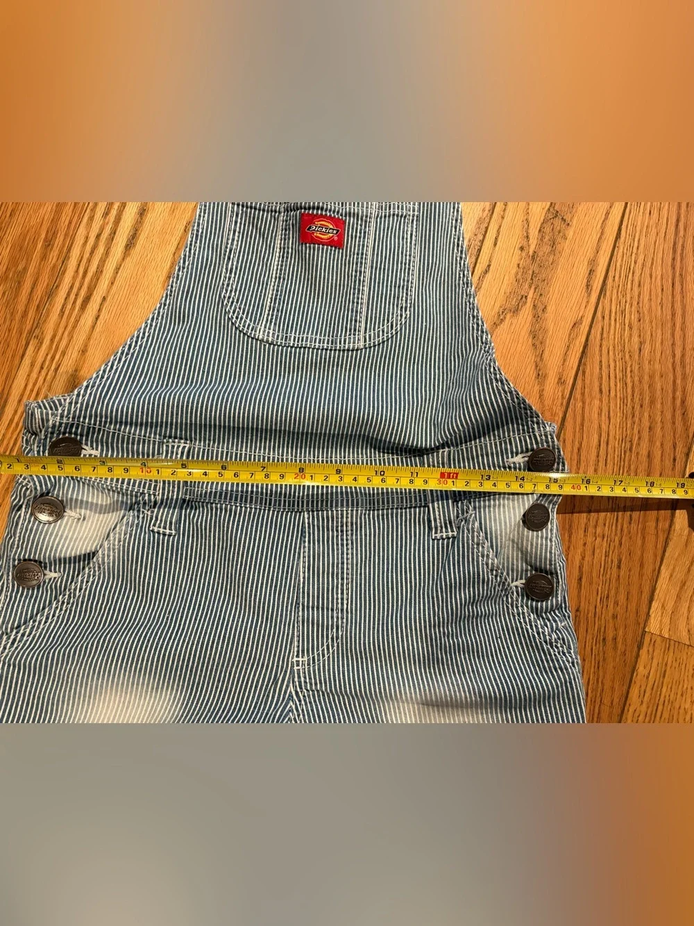 Dickies Girls Hickory Stripe Denim Overall Shorts, Size Medium